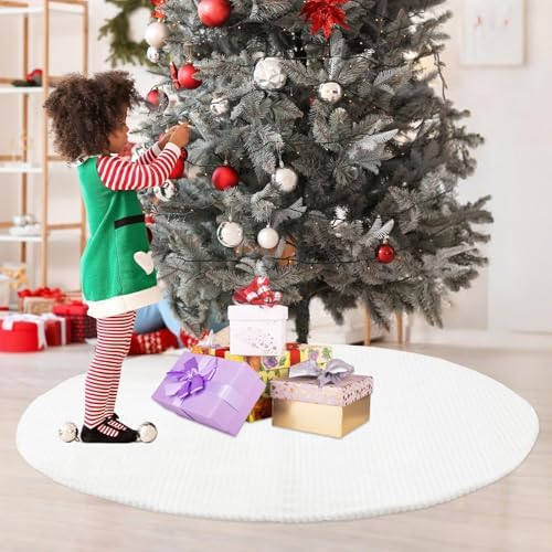 60 Inch Large Faux Fur White Christmas Tree Skirt for 6ft to 9ft Tree with Stripe Textured Pattern Soft Beige Boho Luxury Xmas Trees Decorations for Party Home Decor - Image 5