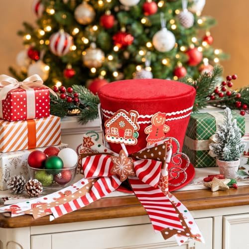 CiyvoLyeen Gingerbread Christmas Tree Topper Red Top Hat with Candy Cane - Image 5