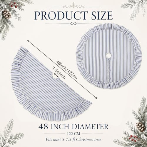 Sosation 48 Inch Vintage Christmas Tree Skirt Blue White Striped - Image 2