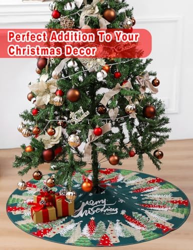 Multiwins Christmas Tree Skirt 48 Inch, Green Tree Skirt with Snowflake and Christmas Tree Design, Thick Flannel Fabric, Rustic Farmhouse Xmas Tree Skirt for Holiday Christmas Decorations - Image 3