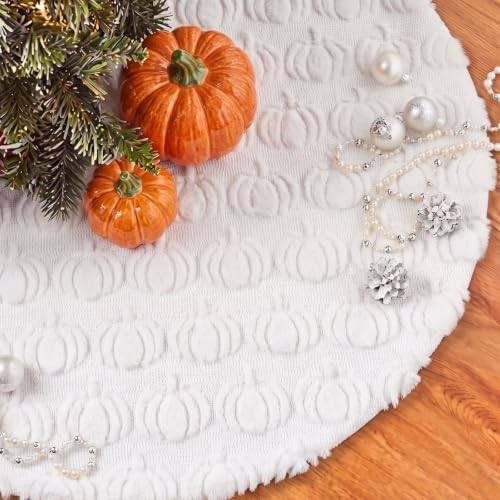 Thenshop Fall Tree Skirt 48 Inch Cream White Plush with 3D Pumpkins by Thenshop
