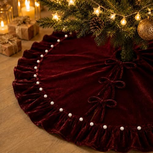 59-Inch Burgundy Ruffled Velvet Christmas Tree Skirt with Pearl-Trimmed Pleated Edge and Bow Ties, Extra Large Round Xmas Tree Base Cover for Holiday Home and Party Decor, 150 cm - Image 2