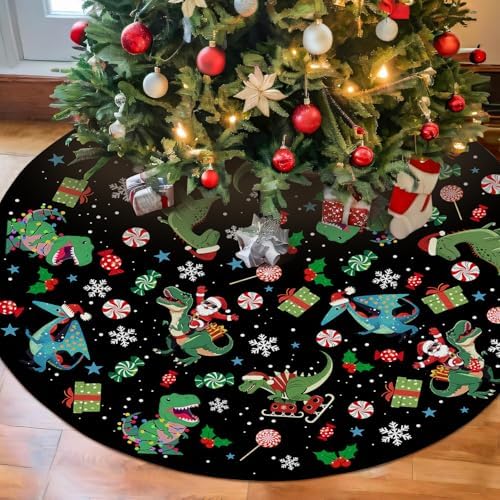 Christmas Dinosaur Tree Skirt 36in, Black Dinosaur Christmas Tree Ornament Decor for Funny Santa Claus Black Dinosaurs Christmas Tree Mat, Dino Xmas Decorations for Home New Year Holiday Party by WelcometoROVOZAR