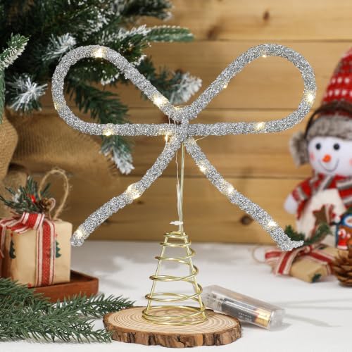 Retisee 9.8 Inch Bow Christmas Tree Topper LED Rhinestone Decor, Silver - Image 2