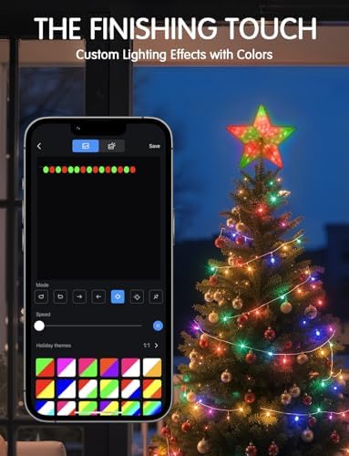 Christmas Tree Topper, Gold 9“ RGB Color Change Lighted Christmas Tree Star Topper, App Remote Control DIY Scene Mode Timer Dimmable, USB Xmas Topper for Christmas Tree Holiday Party Gift Decorations - Image 2