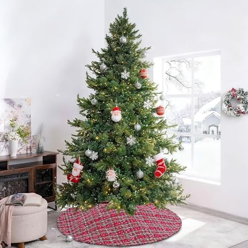 Snowflakes Tree Skirt 48 Inch Large Buffalo Plaid Christmas Tree Skirt - Image 6