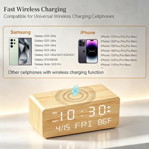 Andoolex Wooden Digital Alarm Clock with Wireless Charging, 0-100% Adjustable Brightness Dimmer and Alarm Volume, Weekday/Weekend Mode, Dual Alarm, Snooze, 12/24H, Wood LED Clock for Bedroom (Bamboo) - Image 4