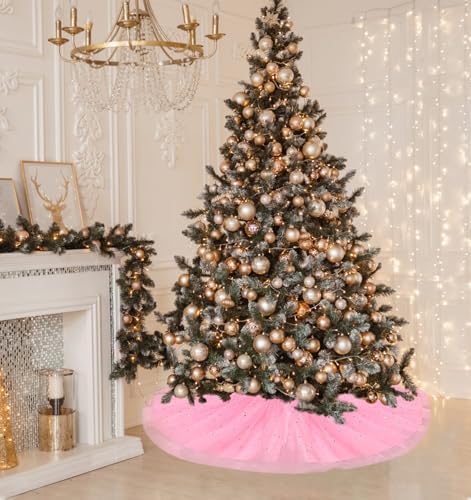 FIABC Christmas Wedding Tree Skirt,45 inch 4-Layer Fluffy Romantic Pleated Sparkly Skirt Decoration Xmas Tree Ornament for Holiday and Party(Pink) - Image 4