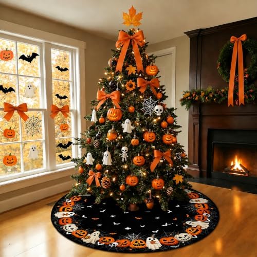 48 Inch Halloween Tree Skirt Mat Short Plush Pumpkin Spider Web Tree Skirts for Indoor Outdoor Halloween Tree Decoration - Image 4
