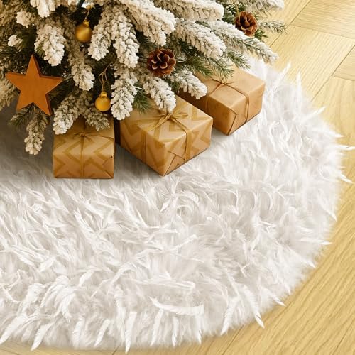 White Feathers Plush Christmas Tree Skirt Soft Fluffy Faux Fur Xmas Tree Skirt 20 Inch for Christmas Holiday Party Decorations by Amidaky