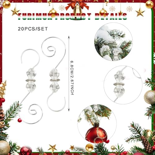 20 Pcs Christmas Ornament Hooks Silver S-Shaped Hangers Clear Crystal Beaded Decorative Scroll with Lobster Claw for Xmas Tree Holiday Seasonal Decorations - Image 2
