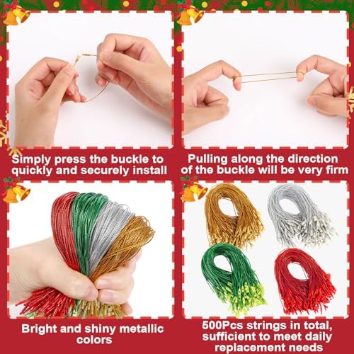 FEBSNOW 500Pcs Christmas Ornament Hanger,Snap Locking String for Tree Decor - Image 3