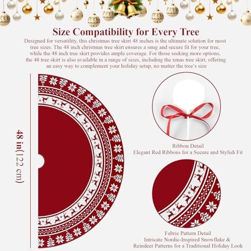 Christmas Tree Skirt 48 Inches | Red Xmas Tree Skirt with Rustic Snowflake & Reindeer Pattern, Fits 5 to 7 Foot Trees, Perfect Christmas Decorations for Holiday Trees. - Image 3