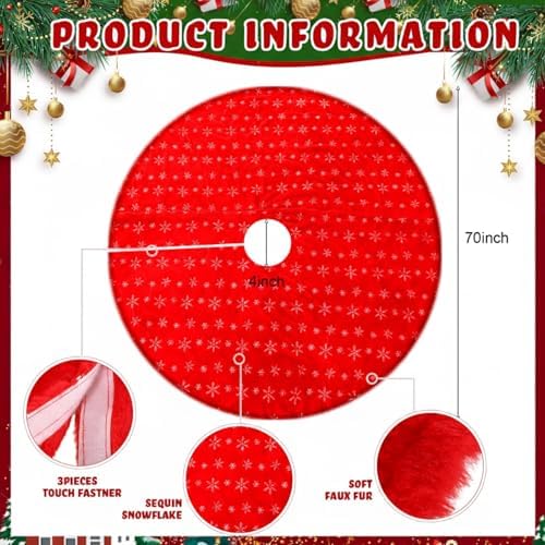 Libima 70 Inches Large Christmas Tree Skirt Faux Fur Red Xmas Tree Skirt Plush Velvet with Silver Sequins Snowflakes for Xmas Decorations Merry Christmas Party Winter Holiday Ornaments - Image 2