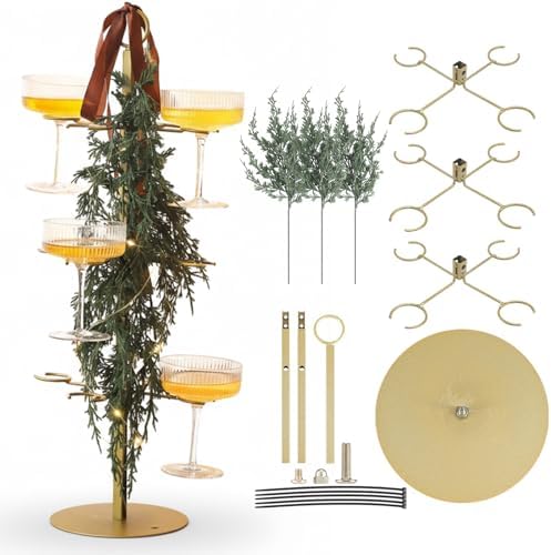 Funnymoom Christmas Cocktail Tree Stand with 3 Green Rattan and Bow, 3 Tier 12 Holders Gold Tree Tower Stand for Drink for Champagne Martini Cup for Xmas Wedding Bridal Showers Party by Funnymoom