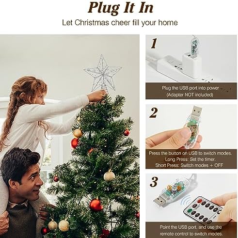 Lewondr Vintage Metal Beaded Christmas Star Tree Topper with Lights, Silver - Image 5