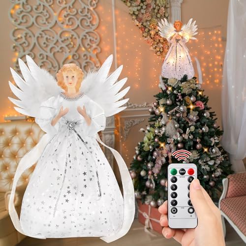 PEEKI Christmas Tree Topper, 12" Angel Treetop with Lights and Remote Control Timer, Christmas Tree Decoration for Holiday Ornament and Home Decor, Ivory and Sliver by PEEKI