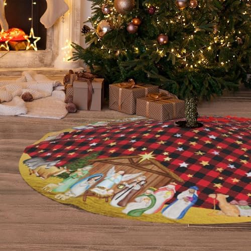 Buffalo Plaid Nativity Christmas Tree Skirt Jesus Christian Funny Tree Mat for Farmhouse Xmas Holiday Party Decorations Indoor Outdoor 36 Inch - Image 6