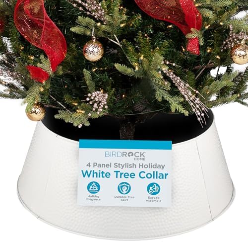 BIRDROCK HOME 4-Panel Hammered Metal Christmas Tree Collar - Stylish Holiday Tree Skirt Alternative - Durable Iron Construction Base Cover - Protects Tree Base from Pets - Easy Assembly - White by BIRDROCKHOME