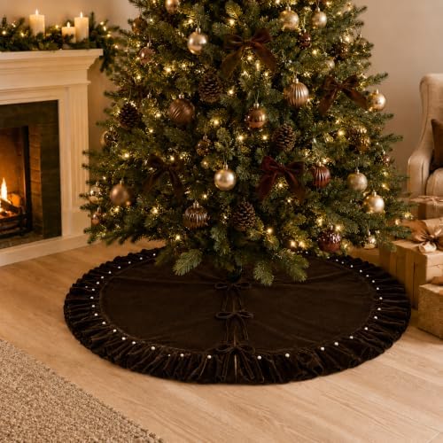 Dark Brown Velvet Christmas Tree Skirt, 48 Inch Christmas Tree Skirt with Ruffled Edge and Pearl Trim - Image 7