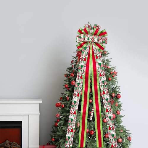 WRAPAHOLIC Large Christmas Tree Topper Bow - 13 x 52 Inch Red and Green Christmas Tree Topper Ribbon Bow Wreath Bows with Wired Edge for Xmas Ornament Indoor Outdoor Decoration - Image 7
