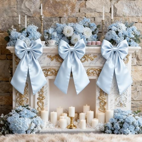 Blue Bow Decor as Crib Skirt 3 Pack Large Blue Bows Decoration 22 × 11 Inch Big Bow for Christmas Tree Gift Wrapping Coquette Party Background for Bachelorette Baby Shower Bridal Shower Wedding by Froova