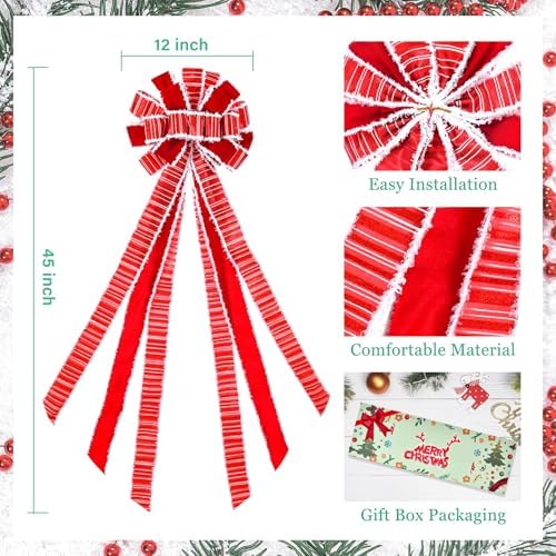 Christmas Tree Topper Wreath Bow Large Red Christmas Bow Tree Topper, Burlap with White Polyester Edge Gift Bows for Xmas Ornament Holiday Home Thanksgiving Indoor/Outdoor Decor 45x13 Inches - Image 3