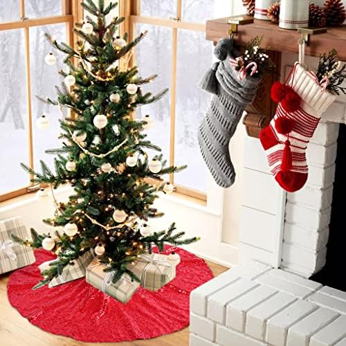 B-COOL Tree Skirts 48inches Red Christmas Sequin Tree Skirt Embroidered - Image 3