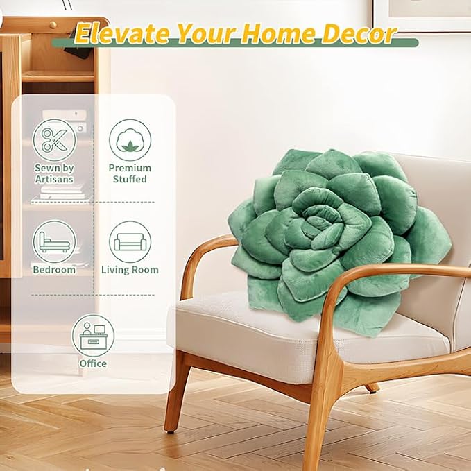 Fleshy Greenery Plush Cushion – Hand-Stitched 3D Flower Throw, Botanical-Shaped Accent for Bedroom, Living Room, and Home Décor, 19.7" (50CM)