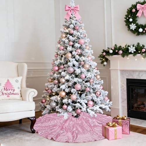 Christmas Tree Skirt Pink 36 Inch Sequin Fabric Glitter Tree Skirts Xmas - Image 4