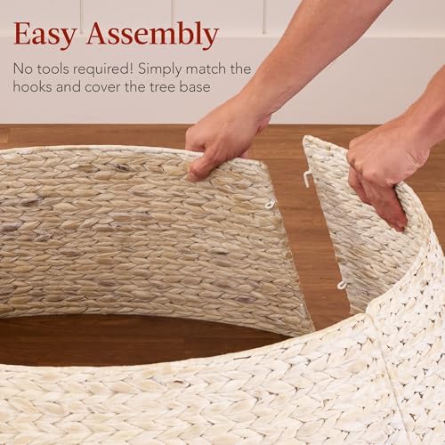 Best Choice Products 24in Christmas Tree Collar, Woven Hyacinth 3-Piece Holiday Rattan Tree Skirt Accessory for Home w/Cord Cut-Out - Transparent White - Image 4