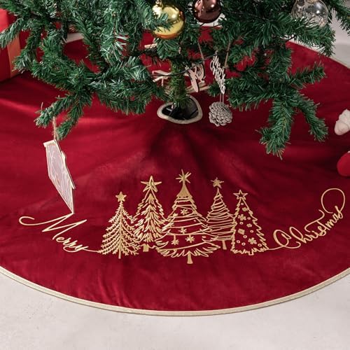 CROWNED BEAUTY 50 Inch Red Velvet Christmas Tree Skirt, Tree Embroidery by CrownedBeauty