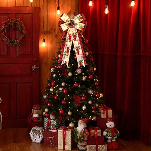 Christmas Tree Topper Bow with 30 LED Lights Decorations, 13?€?x25?€? Xmas Large Red Black Buffalo Plaid Rustic Farmhouse Wreath Bows with Truck Berries Pine Cones Pine Needles for Front Door Outdoor - Image 6