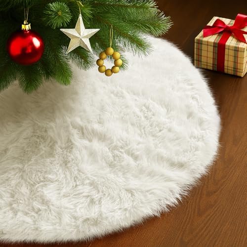 Faux Fur Christmas Tree Skirts, 60 inches Velvet Plush Long Haired Wool Fur Xmas Tree Base Cover Mat for New Year Home Party Decorations (150CM, White Plush) by DegGod