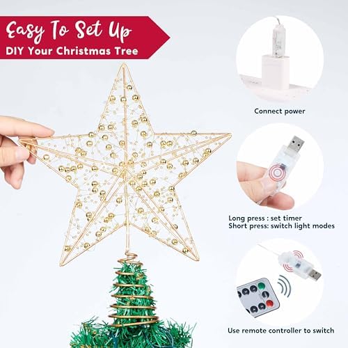 JOIEDOMI 9.5inch Metal Beaded Christmas Star Tree Topper, 20LED Warm White Lights Golden Tree Topper, USB Powered Remote Control for Christmas Tree Decorations Home Holiday Party Indoor Decor - Image 5