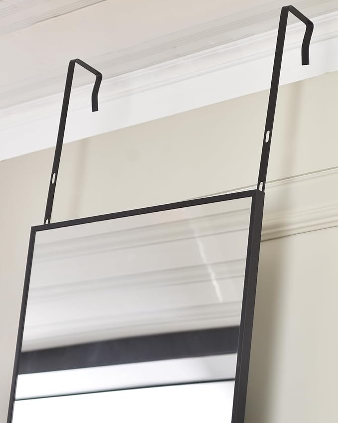 DMWOODFL 48"x14" Over The Door Full Length Mirror - Wall Mounted or Hanging with 2 Metal Hooks, Space-Saving Black Mirror for Bedroom, Bathroom, Living Room Decor
