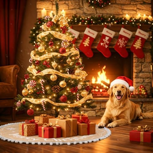 AerWo 24 inch Small Christmas Tree Skirt Decorations, Rustic Mini Burlap Tree Skirt Vintage Xmas Cover for Christmas Party Mat Indoor Outdoor Holiday Family Winter Home Decorations - Image 5