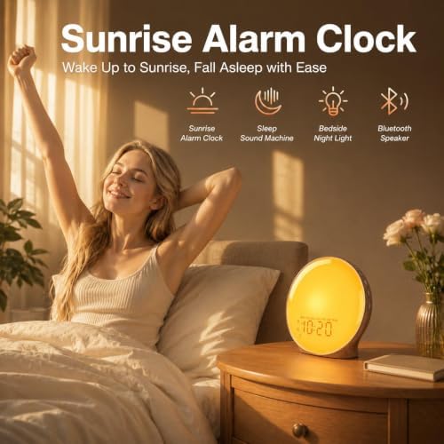 JALL Full-Screen Wake Up Light Sunrise Alarm Clocks for Bedrooms, White Noise Machine for Heavy Sleepers, 25 Natural Sounds, Dual Alarms, FM Radio, 17 Dimmable Colors, Bluetooth Speaker - Image 5