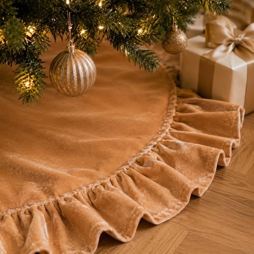 48-Inch Khaki Ruffled Velvet Christmas Tree Skirt with 3 Bow Ties, Large Round Vintage Xmas Tree Base Cover for Holiday Home and Party Decor, 122 cm - Image 2