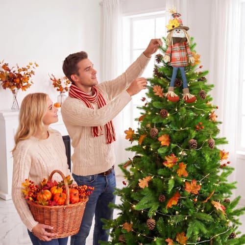 Soulchen 17.7 Inch Thanksgiving Scarecrow Tree Topper Plush Gnome Fall Tree Topper with Sunflower Maple Leaf and Dangle Legs Harvest Autumn Ornament for Home Farmhouse Party Decor - Image 3