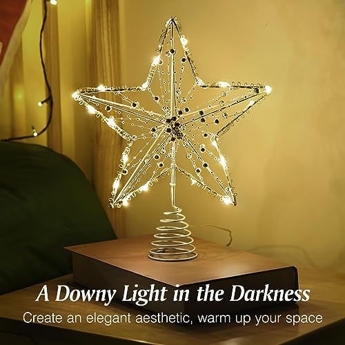 Lewondr Metal Christmas Star Tree Topper with Lights and Beads, Silver - Image 2