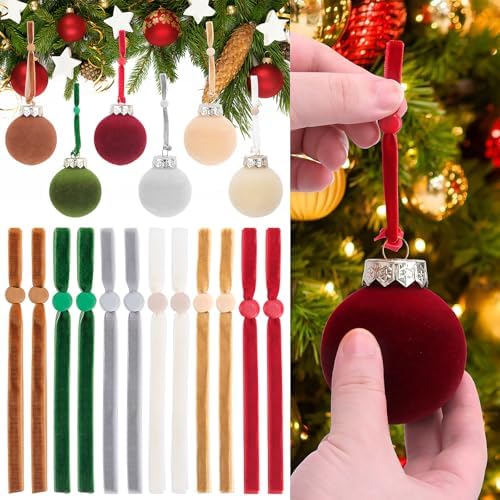 Hysagtek 120 Pcs Christmas Velvet Ornament Strings - Adjustable Ornament Hooks Non Slip Hangers Hooks for Christmas Tree Decorations(Red, Green, Brown, Khaki, Grey, Beige) by Hysagtek