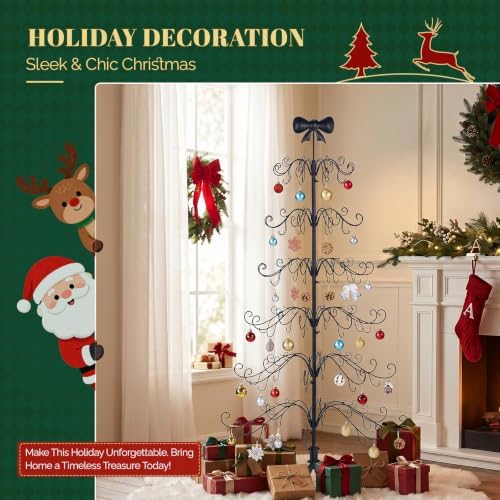 VINGLI 6ft Metal Christmas Ornament Tree Stand w/Bow Topper, 192 Branches, Decorative Iron Display Tree for Hanging Ornaments, Wrought Iron Christmas Tree Decoration for Holiday Home Decor, Black - Image 6
