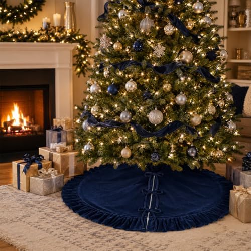60 Inch Large Christmas Tree Skirt, Navy Blue Velvet with Ruffled Edge for Big Trees Decorations for Home Party Festival - Image 2