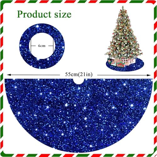FANPROMS Blue Christmas Tree Skirt 21 Inches Sequin Xmas Tree Skirts Embroidered Velvet Tree Base Cover Shiny Glitter Tree Skirt Mat Royal Blue for Christmas Tree Decorations All Season Holiday Party - Image 3