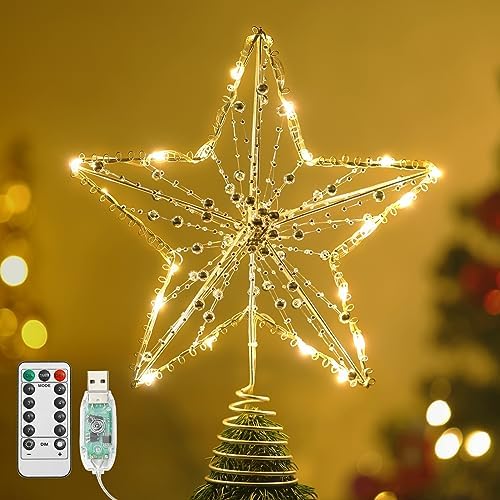 Lewondr Metal Christmas Star Tree Topper with Lights and Beads, Gold by Lewondr