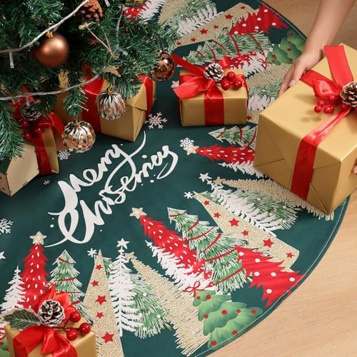 Multiwins Christmas Tree Skirt 48 Inch, Green Tree Skirt with Snowflake and Christmas Tree Design, Thick Flannel Fabric, Rustic Farmhouse Xmas Tree Skirt for Holiday Christmas Decorations - Image 2