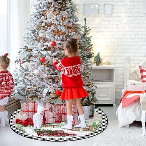 Blosssound Christmas Tree Skirt Buffalo Plaid Retro Red Truck Xmas Tree Skirt for Winter Holiday Farmhouse Christmas Party Decoration(48 Inch,Truck,Black White) - Image 5
