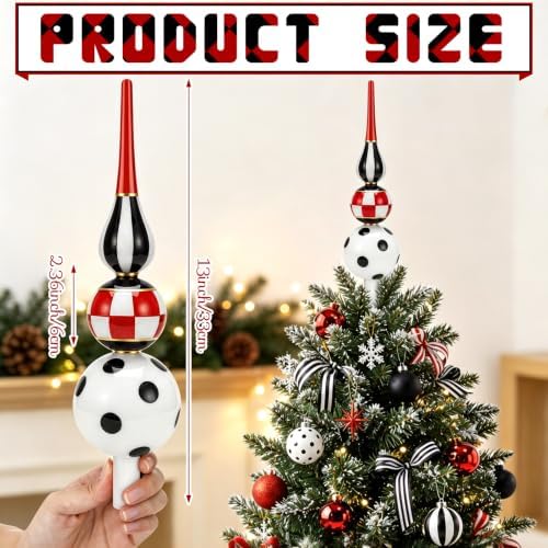 Roowest 13 Inch Black and White Checkered Glass Christmas Tree Topper Decor - Image 2