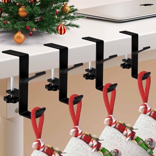 Garland and Stocking Mantel Holders with 2 Hooks, Mantel Hanger for Garland, 2 in 1 Mantel Garland and Stocking Hangers Heavy Duty, Fireplace Garland Hanger for Xmas Decoration (4Black) by Guojanfon
